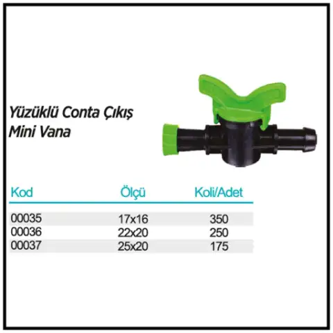Yüzüklü Conta Çıkış Mini Vana ölçü ve ambalaj tablosu