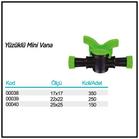 Yüzüklü Mini Vana ölçü ve ambalaj tablosu