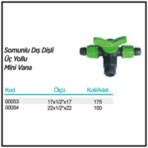 Somunlu Dış Dişli Üç Yollu Mini Vana ölçü ve ambalaj tablosu
