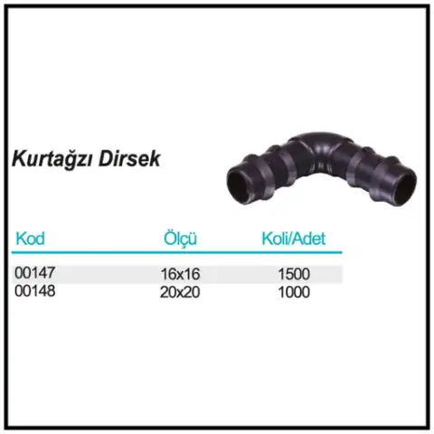 Kurtağzı Dirsek ölçü ve ambalaj tablosu
